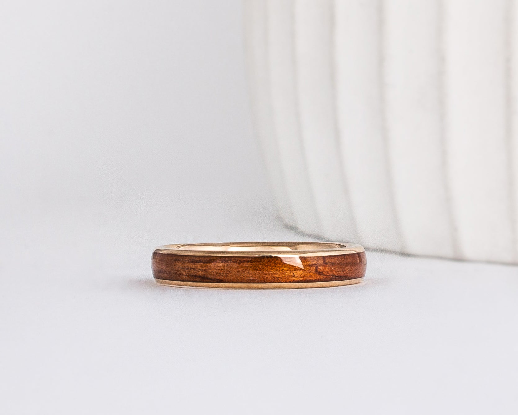 hawaiian golden koa wood inlay in a yellow gold slim band