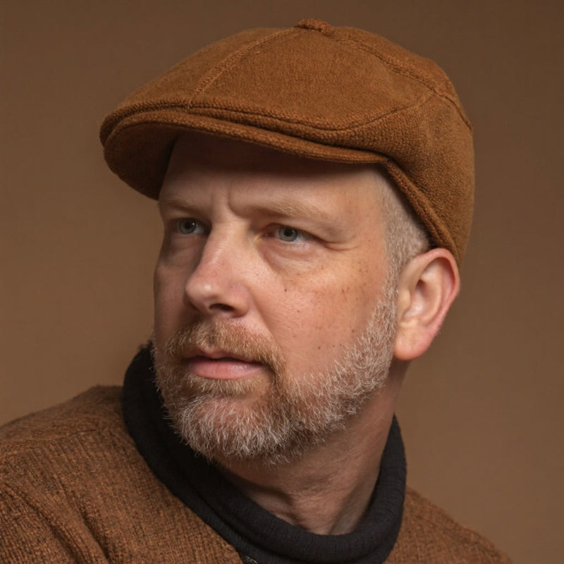 Man wearing a brown cap and sweater against a brown background
